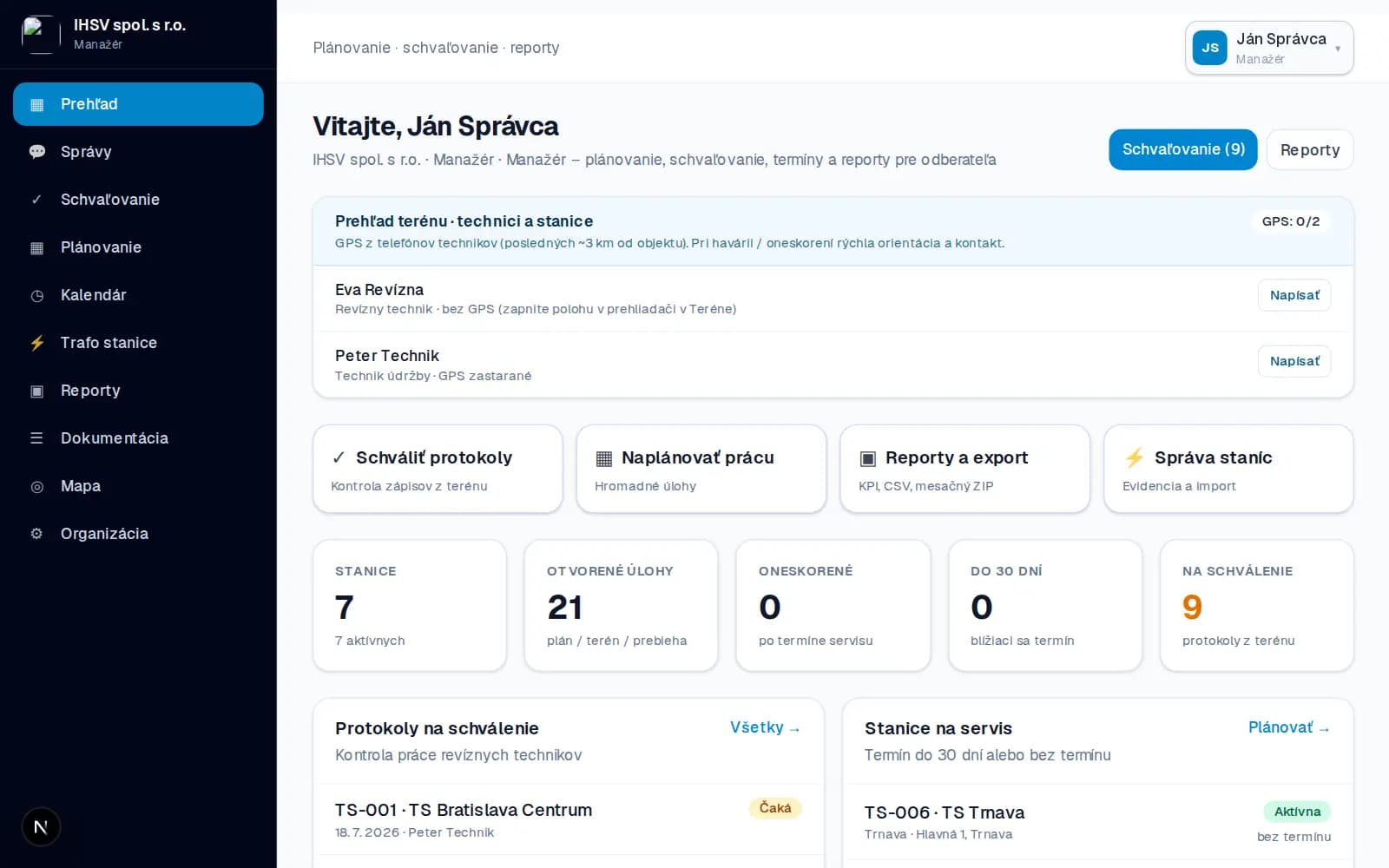 Trafo Manager – softvér CMMS prehľad dňa so zoznamom úloh servisu a oneskorenými termínmi